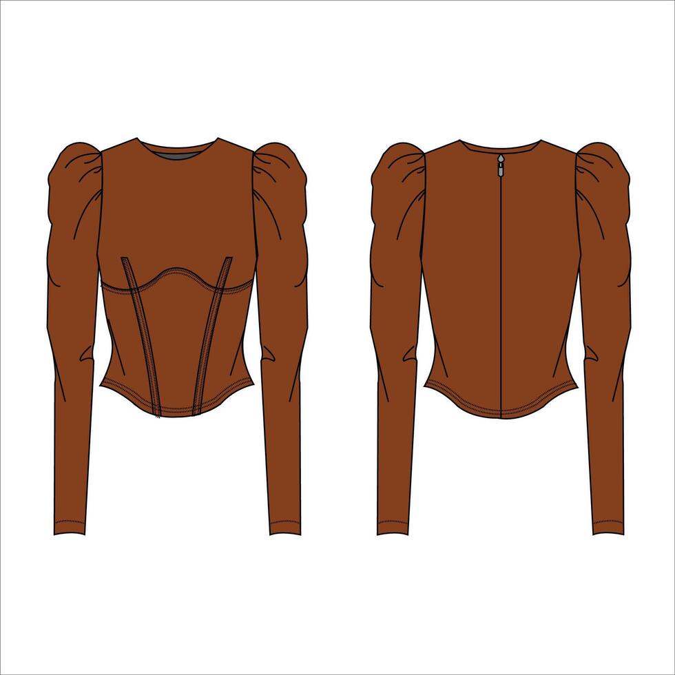Flat technical drawing template corset blouse with balloon Long sleeves vector