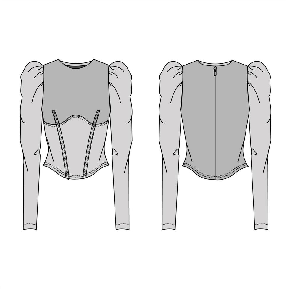 Balloon Long sleeves Flat technical drawing template corset blouse with vector