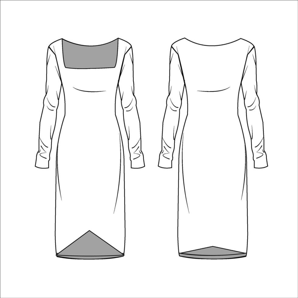 Long Sleeve Square Neck Bodycon Dress, Long Sleeve Cut Dress Fashion Illustration vector