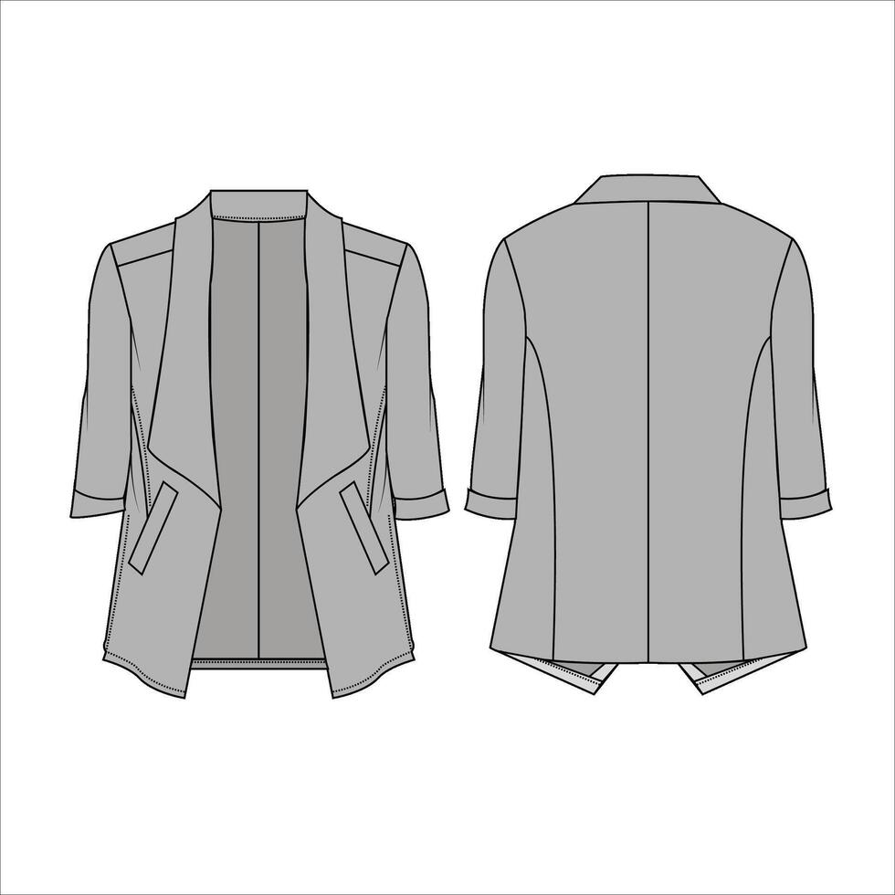 Vector women Blazer waterfall jacket technical fashion illustration flat apparel jacket