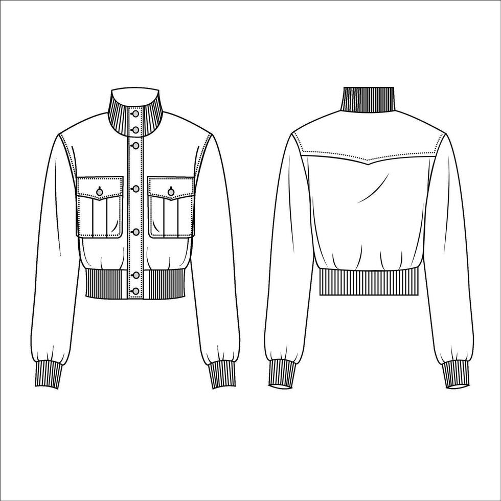 bombardeo chaqueta Moda plano técnico dibujo modelo botón abajo chaqueta técnico vector