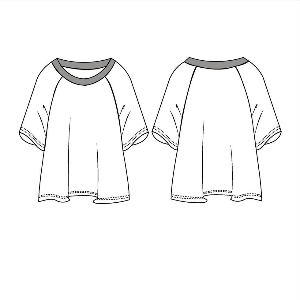 De las mujeres personal cuello cosecha parte superior t camisa plano bosquejo dibujo modelo burlarse de arriba con frente y espalda vista, raglán manga recortado tee con salir enfadado dobladillo vector