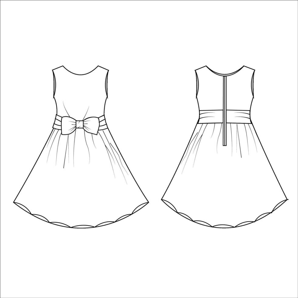 Fashion dress Bow tie waist vector template pattern mockup flat sketch