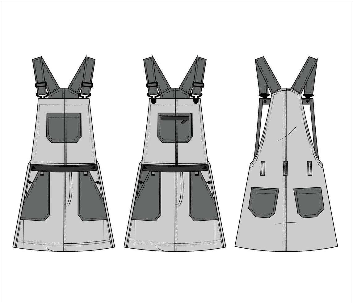 Dungaree Child Dress flat technical drawing template vector