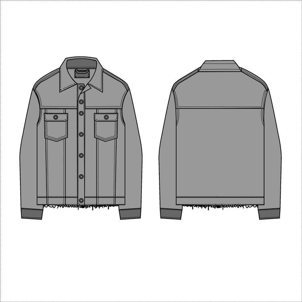 plano bosquejo vector mezclilla chaqueta con raído crudo dobladillo, cuero chaquetas, mezclilla camisa