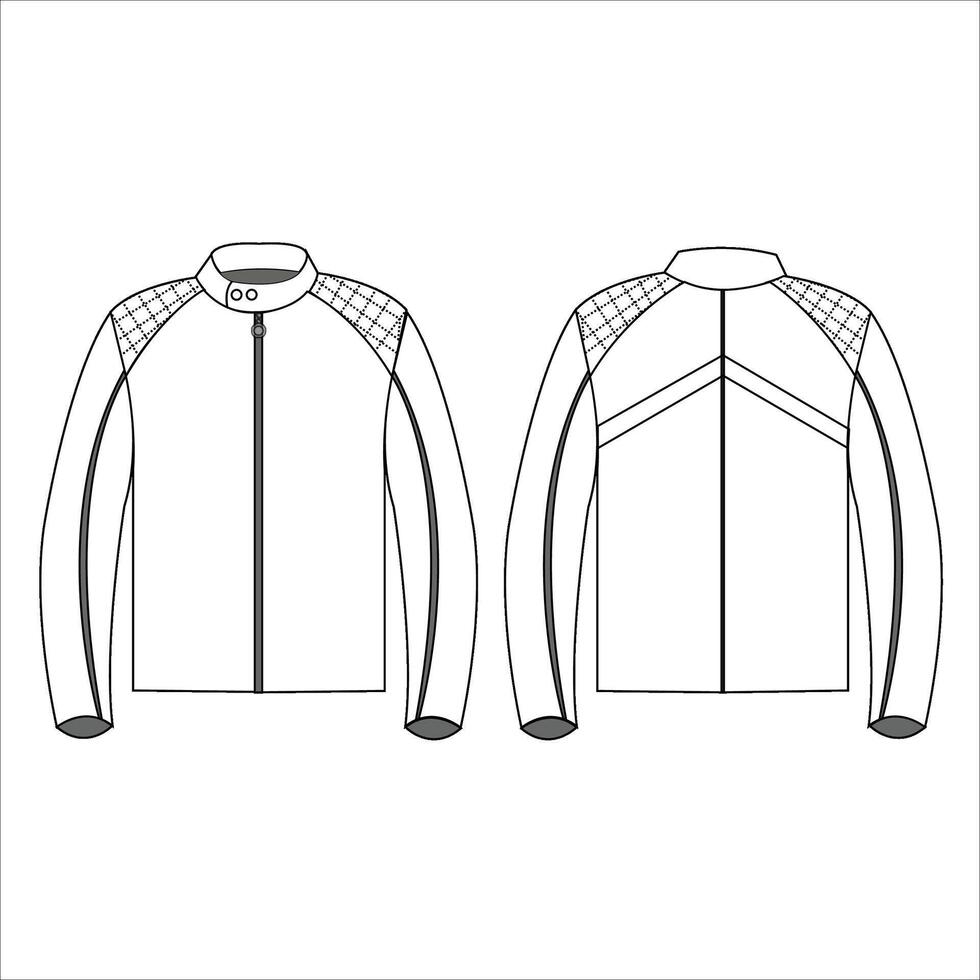 Men's motorcycle jacket with a robust and stylish design Precise lines depict construction features and standout design elements vector