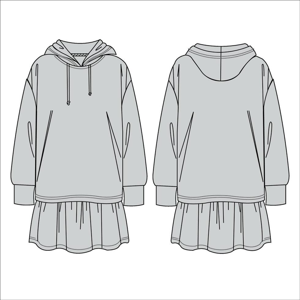 Woman Long sleeved Hooded sweat dress template sketch flat Vector sweat dress fashion