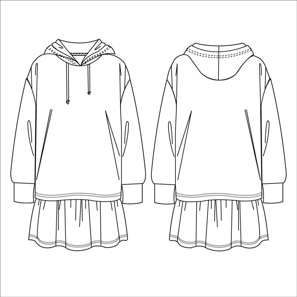 Vector sweat dress fashion woman long sleeved dress with flared skirt technical drawing hooded sweat dress template sketch flat