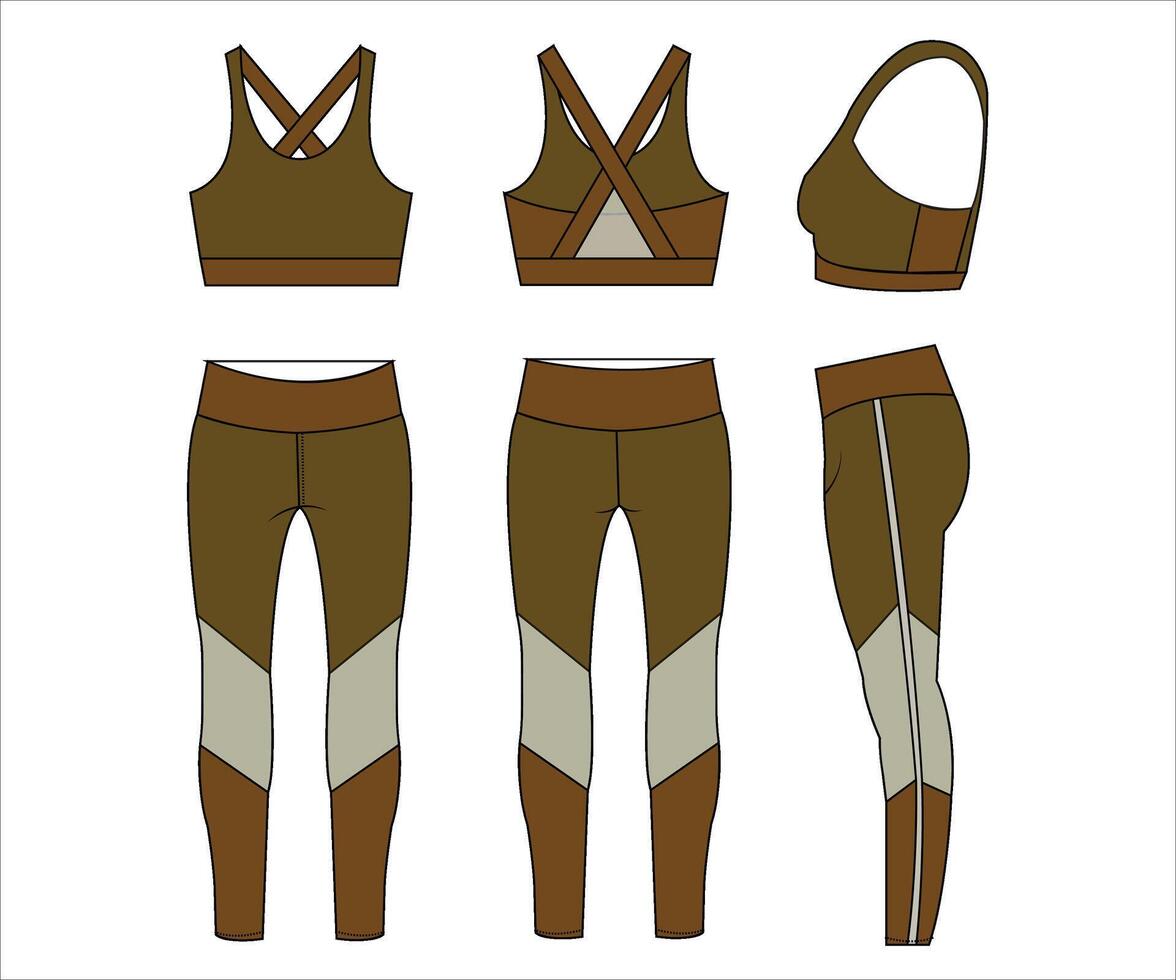 Yoga Activewear Workout Gym sports wear fashion flat sketch template fitness out fit front and back view vector