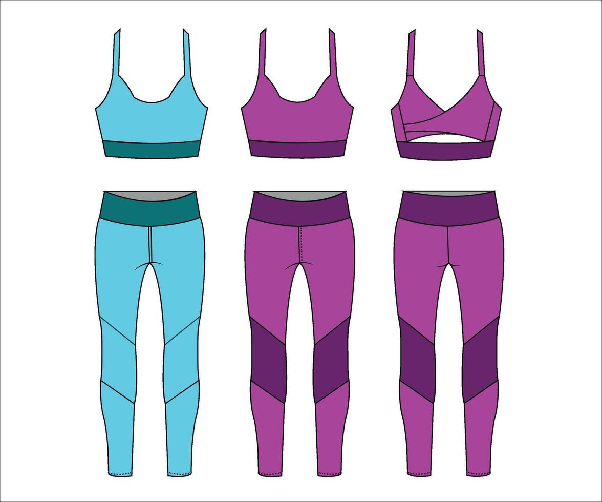 Gym, Workout Vector Fitness out fit front and back view  sports wear fashion flat sketch template