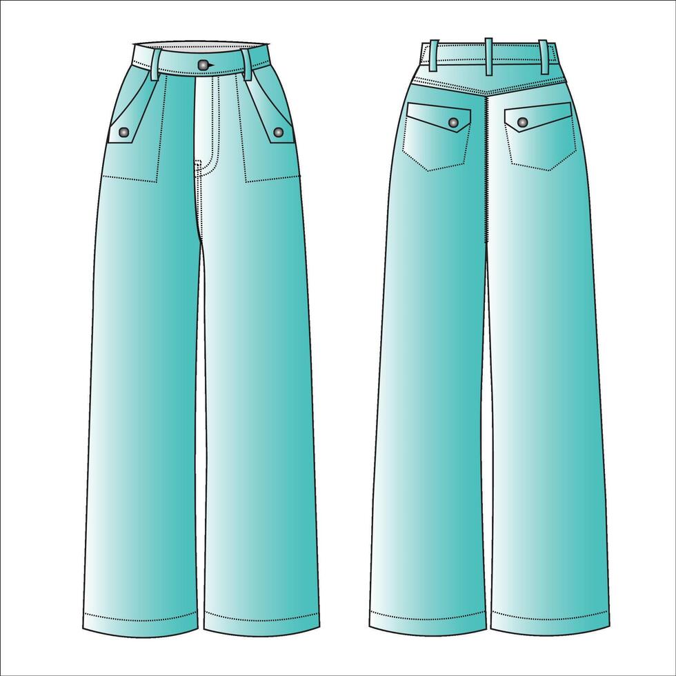 alto cintura mezclilla amplio pierna pantalones con detallado bolsillos diseño. plano técnico dibujo modelo. mezclilla pantalones técnico Moda ilustración, frente y espalda vista, blanco vector