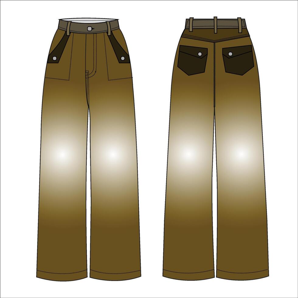 High Waist Denim Wide Leg Jeans with detailed pockets design. flat technical drawing template. Denim jeans technical fashion Illustration, front and back view, white vector