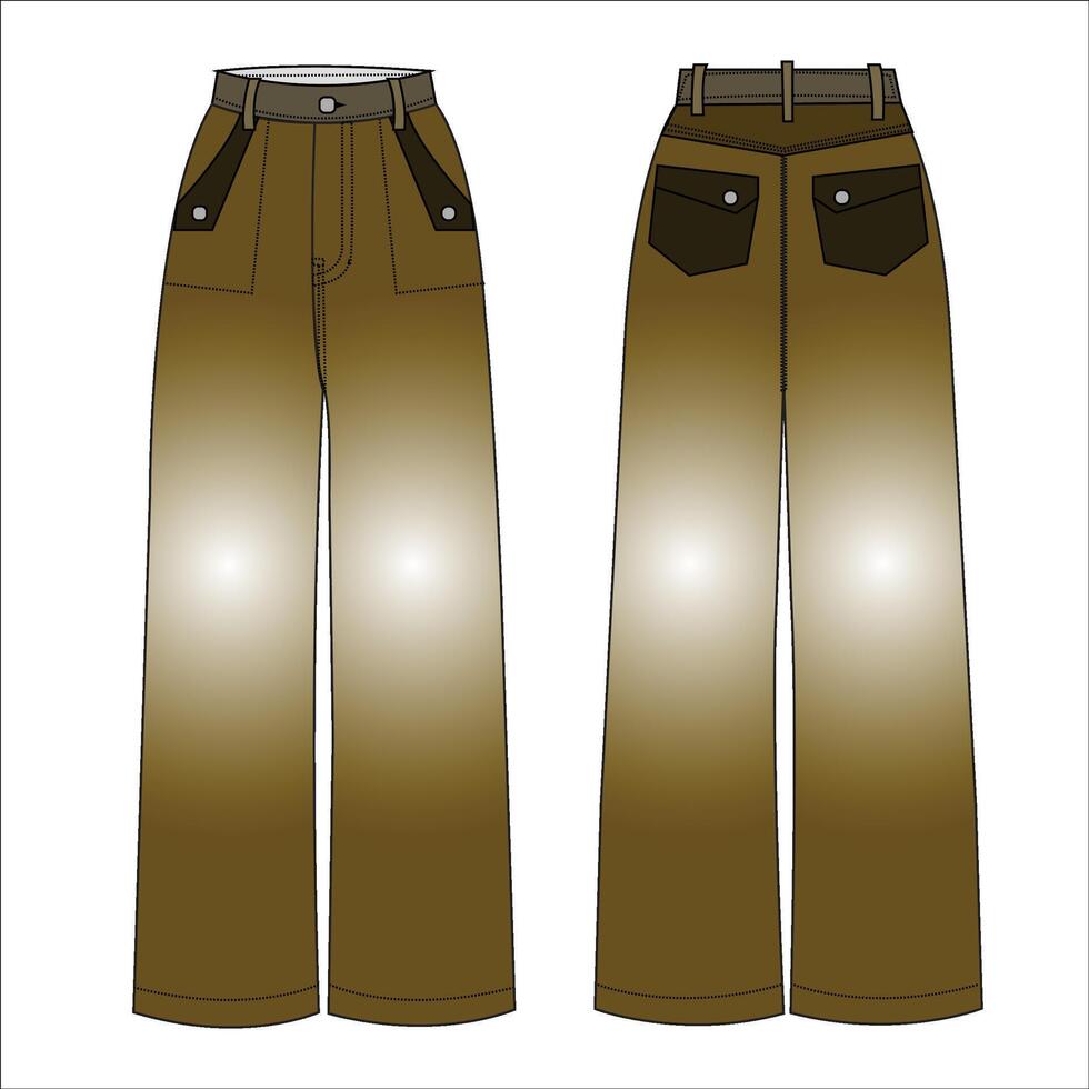 alto cintura mezclilla amplio pierna pantalones con detallado bolsillos diseño. plano técnico dibujo modelo. mezclilla pantalones técnico Moda ilustración, frente y espalda vista, blanco vector