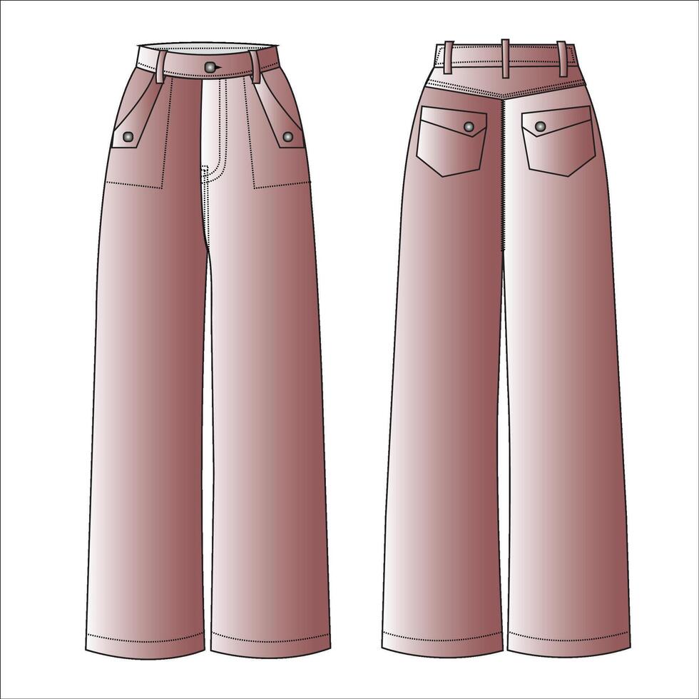 High Waist Denim Wide Leg Jeans with detailed pockets design. flat technical drawing template. Denim jeans technical fashion Illustration, front and back view, white vector