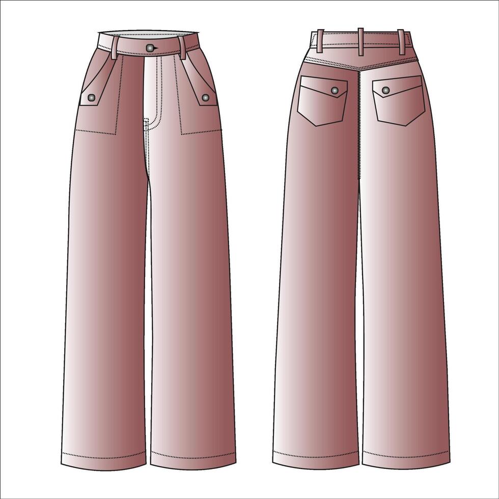 alto cintura mezclilla amplio pierna pantalones con detallado bolsillos diseño. plano técnico dibujo modelo. mezclilla pantalones técnico Moda ilustración, frente y espalda vista, blanco vector