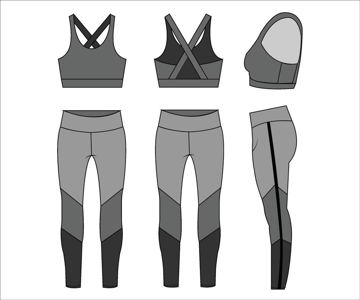 Activewear Workout Gym sports wear fashion flat sketch template fitness out fit front and back view vector