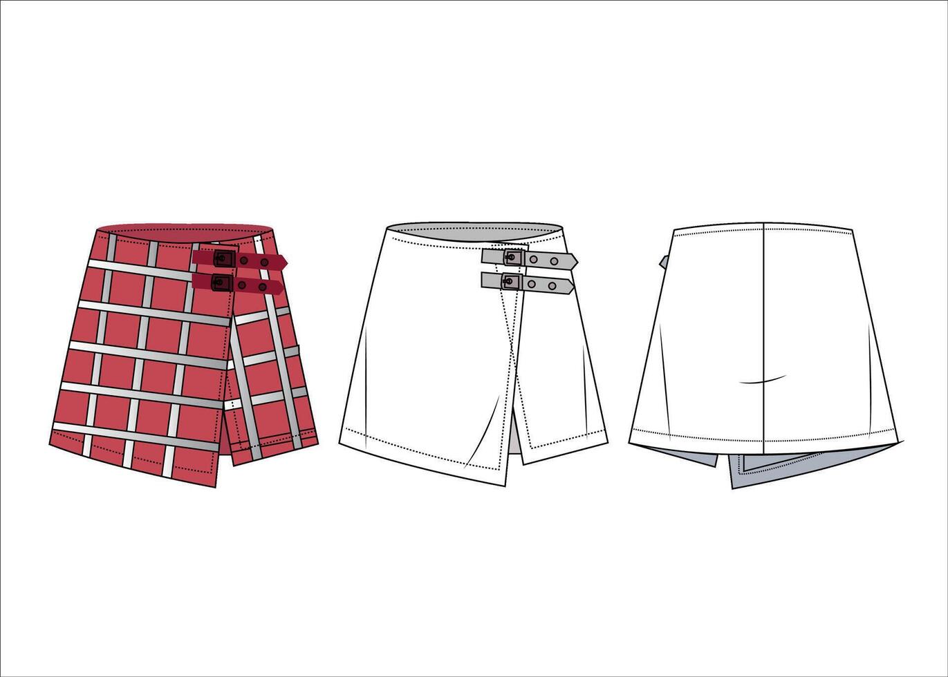 Wrap mini Skirt technical fashion illustration Buckled Skirt fashion flat Sketch A-line front and back view women vector