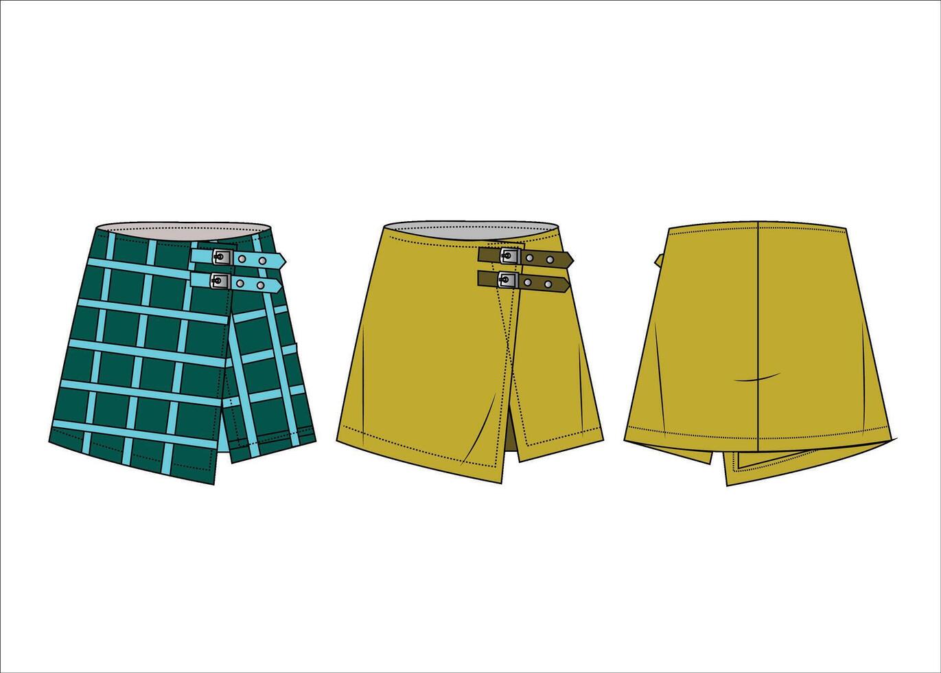 Wrap mini Skirt technical fashion illustration Buckled Skirt fashion flat Sketch A-line front and back view women vector