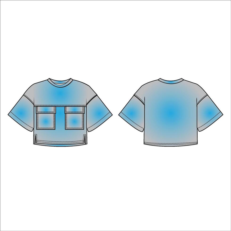 de gran tamaño recortado corto manga camiseta Moda plano técnico dibujo modelo. con cuadrado cortar parche pecho bolsillos modelo frente y espalda vista, blanco color. unisexo. hombres, mujer vector