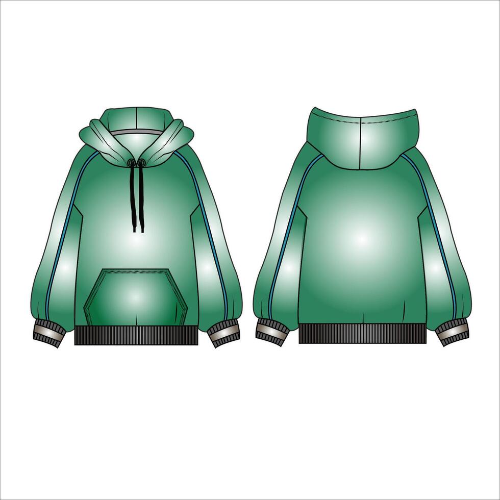 Hoodie Fashion Long Sleeve overall Technical sketch template front and back view vector