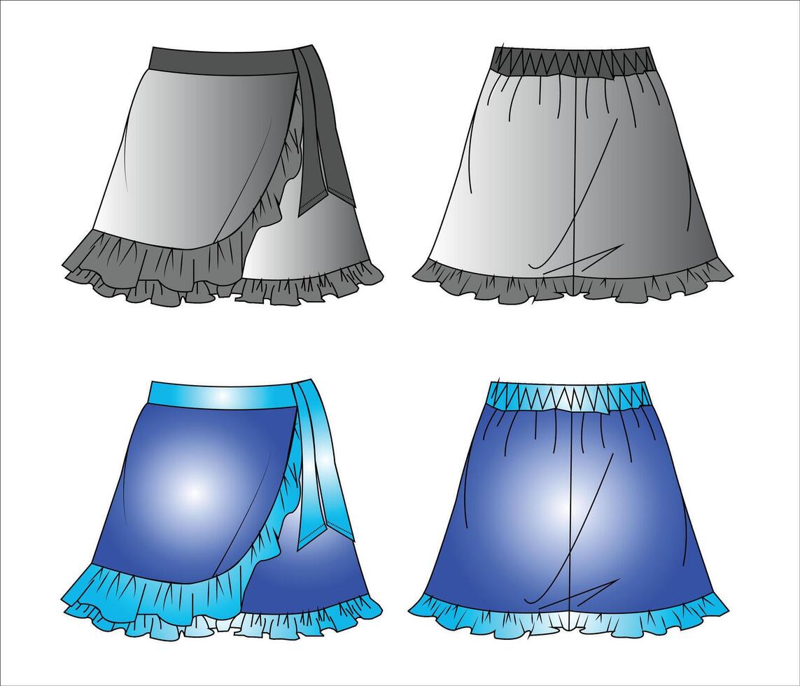 Ruffle Hem Skort. Skirt technical fashion illustration. Flat apparel skort template front and back Women's vector