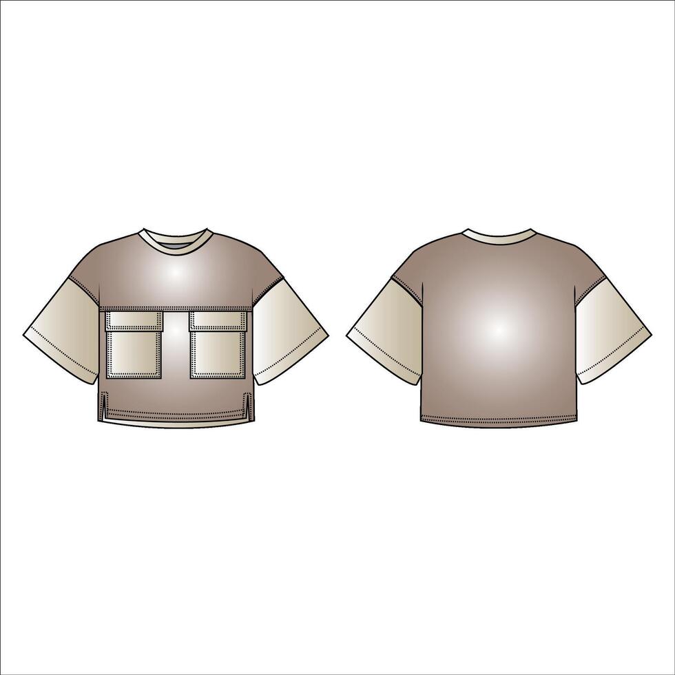 Oversized Cropped Short Sleeve T-Shirt fashion flat technical drawing template. With square cut patch breast pockets template front and back view, white color. Unisex. men, women vector