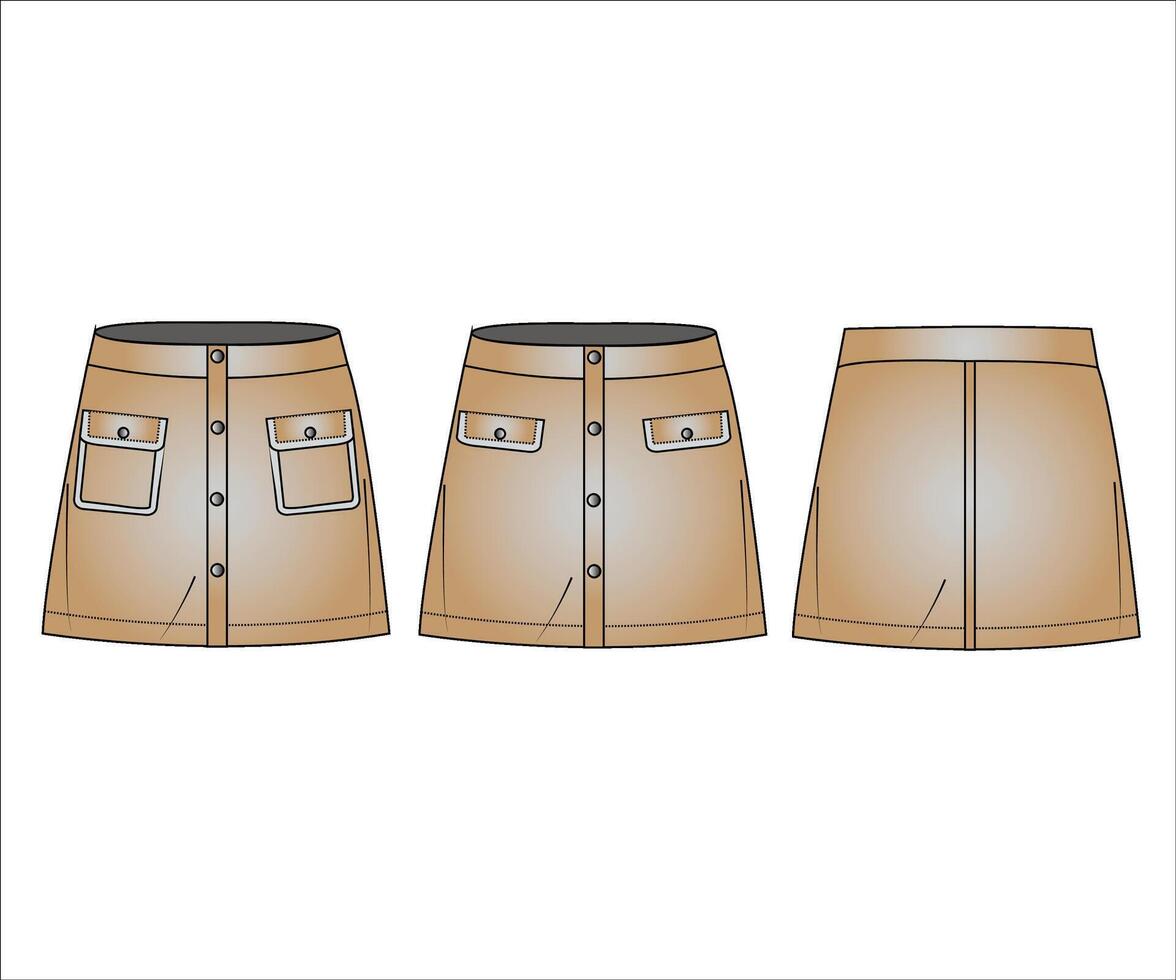 Mini Skirt technical fashion illustration. Button down Skirt fashion flat technical drawing template, mini length, pockets, A-line, front button, front and back view vector