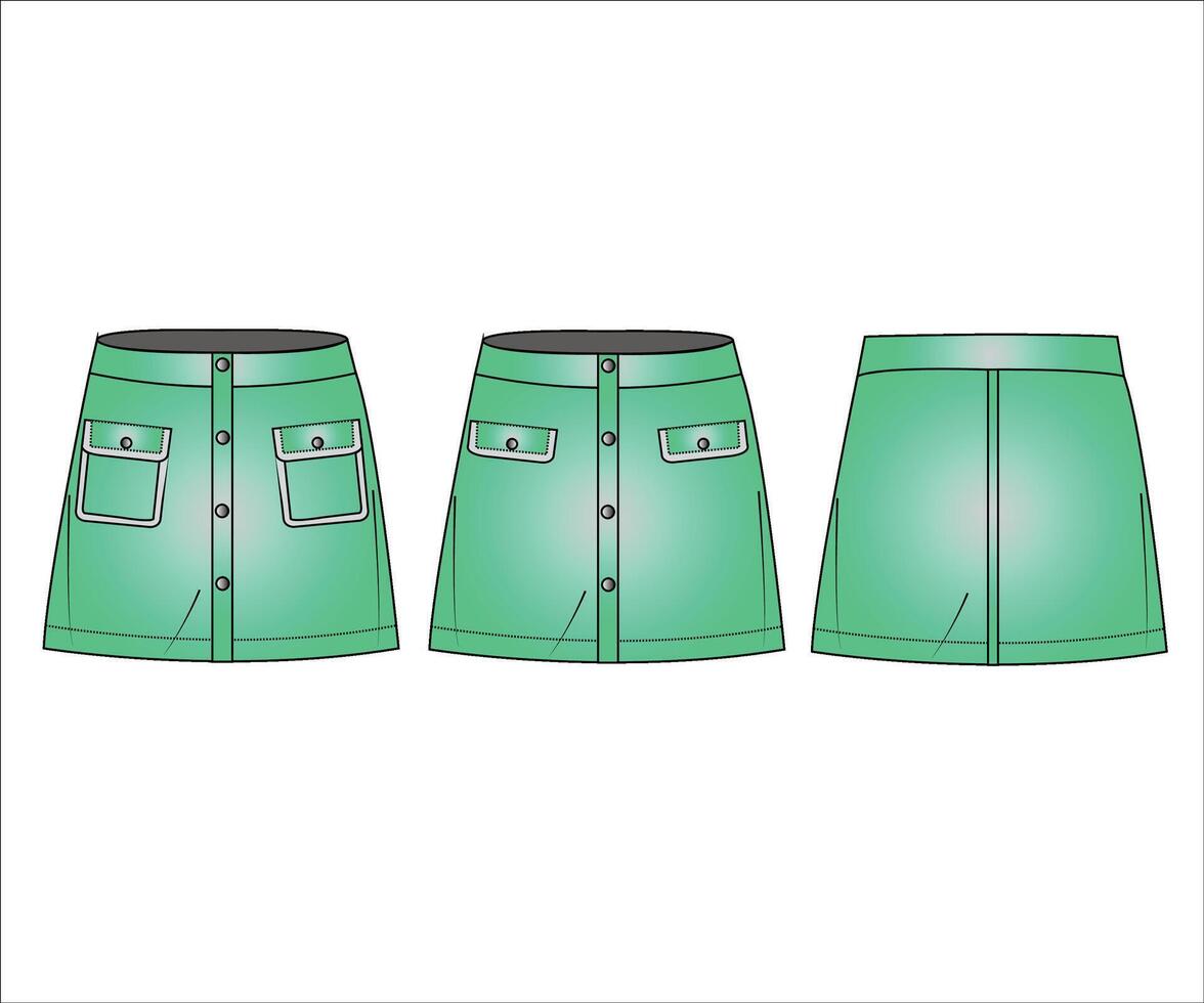 Mini Skirt technical fashion illustration. Button down Skirt fashion flat technical drawing template, mini length, pockets, A-line, front button, front and back view vector
