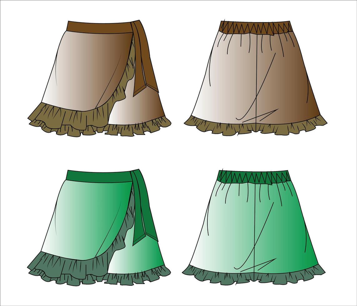 Ruffle Hem Skort. Skirt technical fashion illustration. Flat apparel skort template front and back Women's vector
