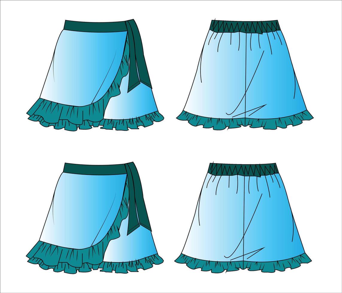 Ruffle Hem Skort. Skirt technical fashion illustration. Flat apparel skort template front and back Women's vector