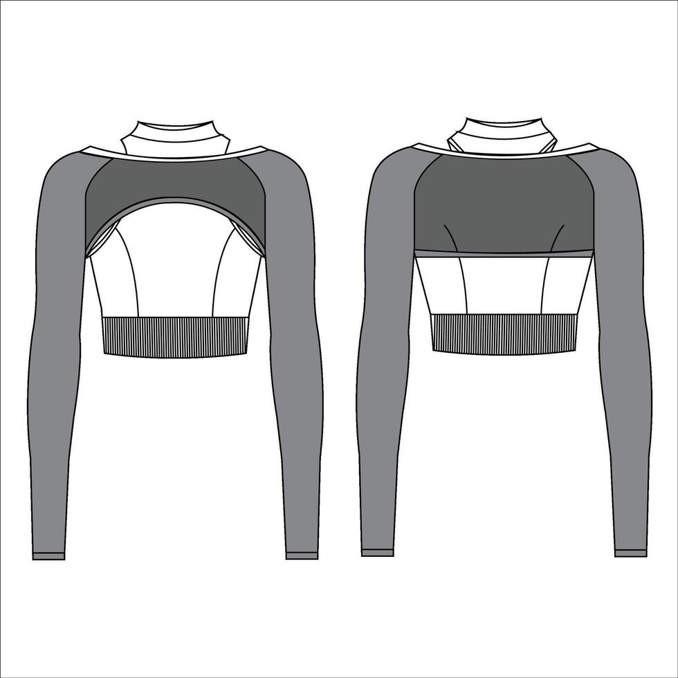 Listo para el carrera en ropa de deporte joven mujer en el gimnasio largo manga cosecha parte superior y Deportes sostén Moda vector bosquejo, vestir modelo