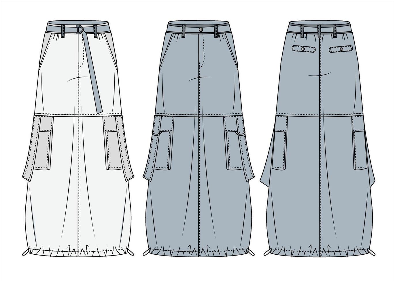 Cargo Long Skirt technical fashion illustration A-Line Skirt fashion flat technical drawing template pockets drawstring hem front and back view white grey women Skirts vector