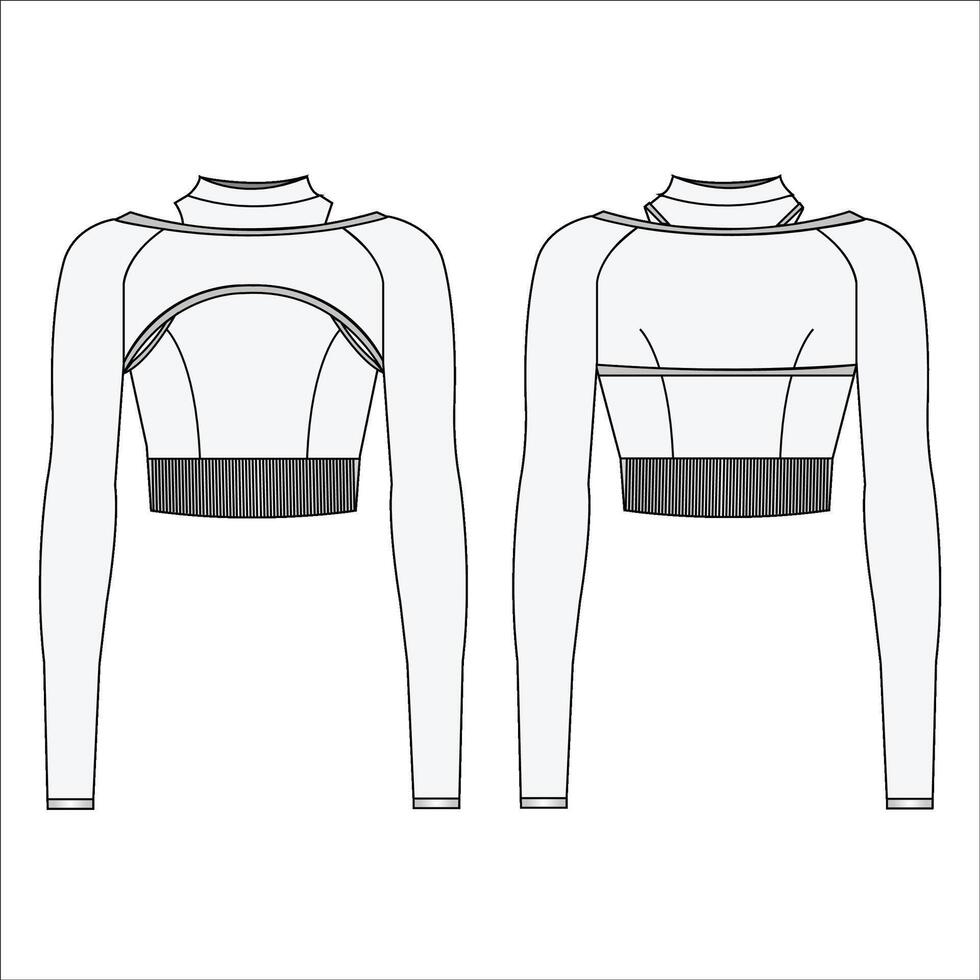 Gym Workout Flat Sketch Long Sleeve Crop Top and Sports fashion vector sketch, Apparel template