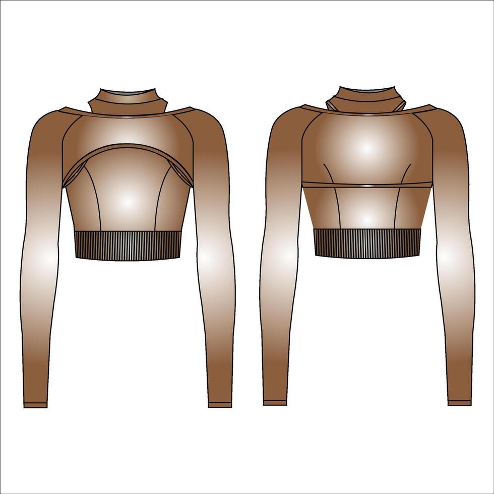 Listo para el carrera en ropa de deporte joven mujer en el gimnasio largo manga cosecha parte superior y Deportes sostén Moda vector bosquejo, vestir modelo