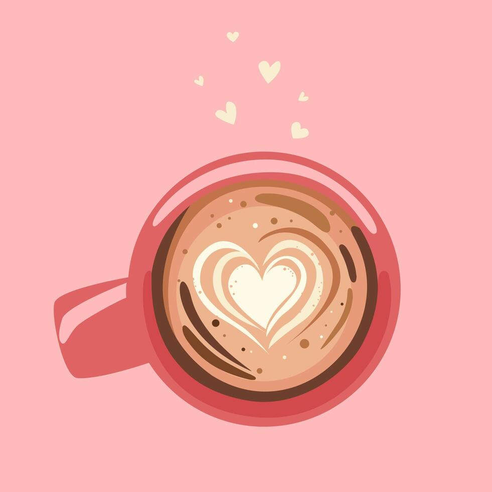 cute mug with coffee, in which a latte art heart is drawn. concept of coffee, love. vector illustration on a soft pink background