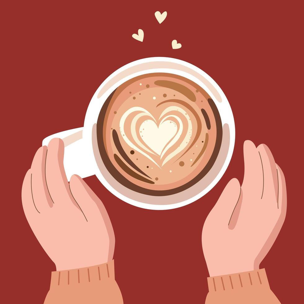 manos sostener un jarra de café con un corazón dibujado en él. latté arte, café, amor concepto vector