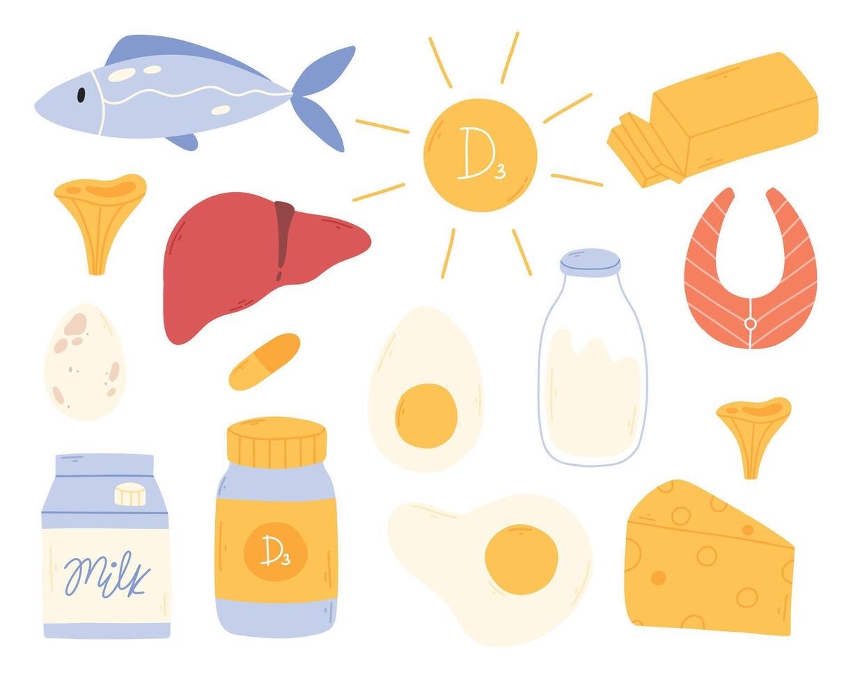 conjunto de productos conteniendo vitamina d. comidas alto en vitamina d. mano dibujado colección de vitamina d. vector ilustración.