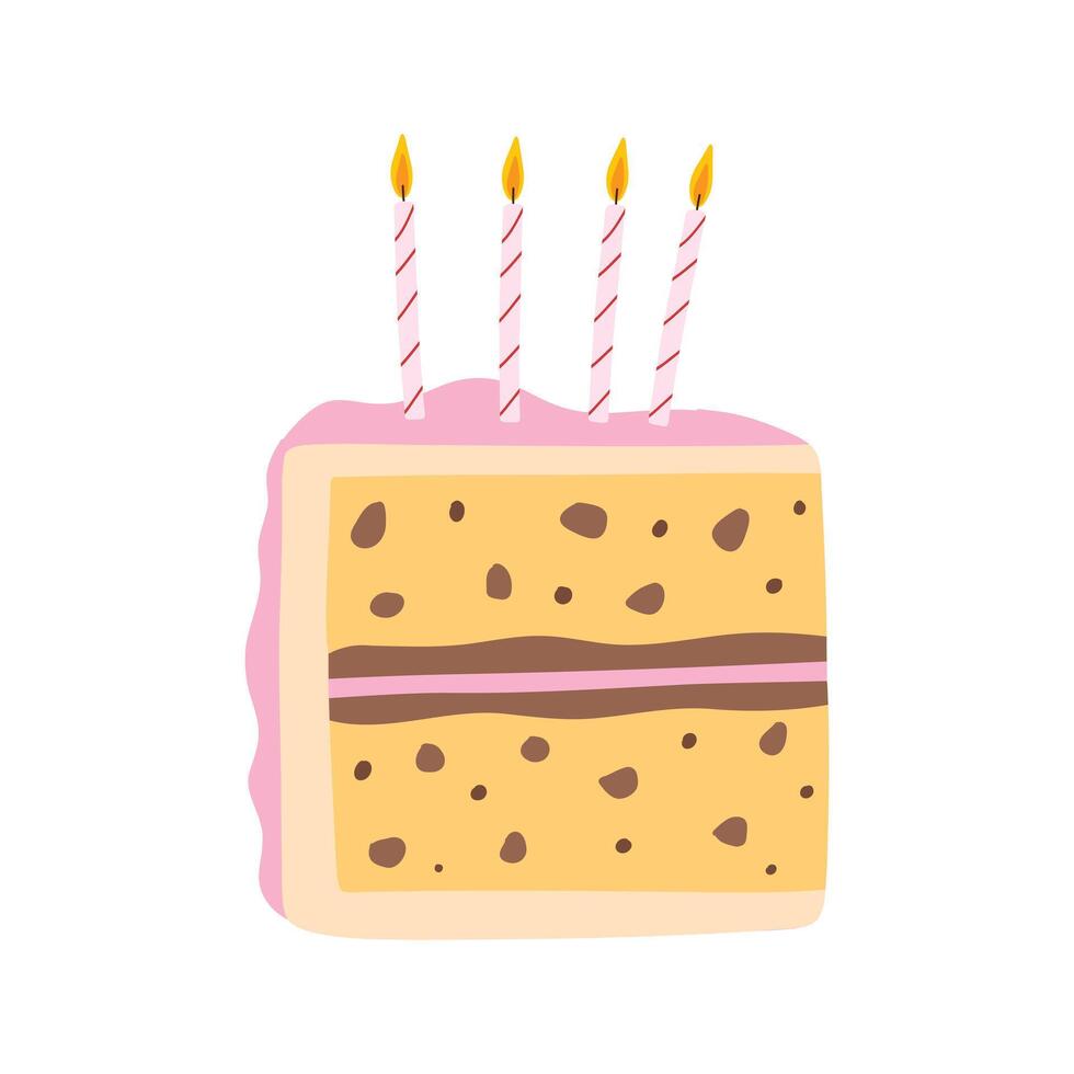 Piece of cake with candles isolated on white background. Hand drawn birthday cake. Vector illustration.
