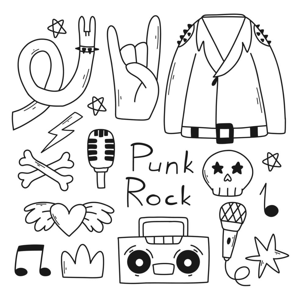 Rock n roll, punk music doodle set. Graffiti, tattoo hand drawn sticker, text, skull, heart, skate, gesture hand. Grunge rock vector illustration.