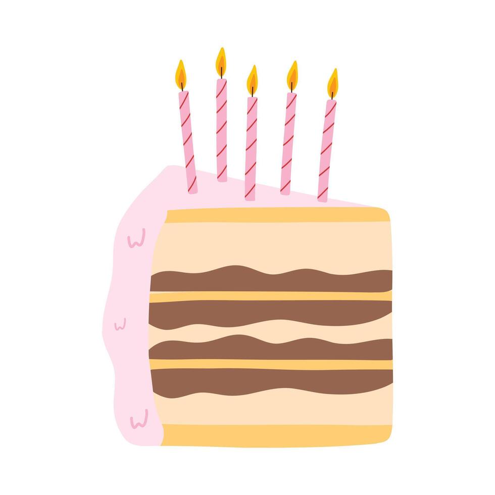 Piece of cake with candles isolated on white background. Hand drawn birthday cake. Vector illustration.