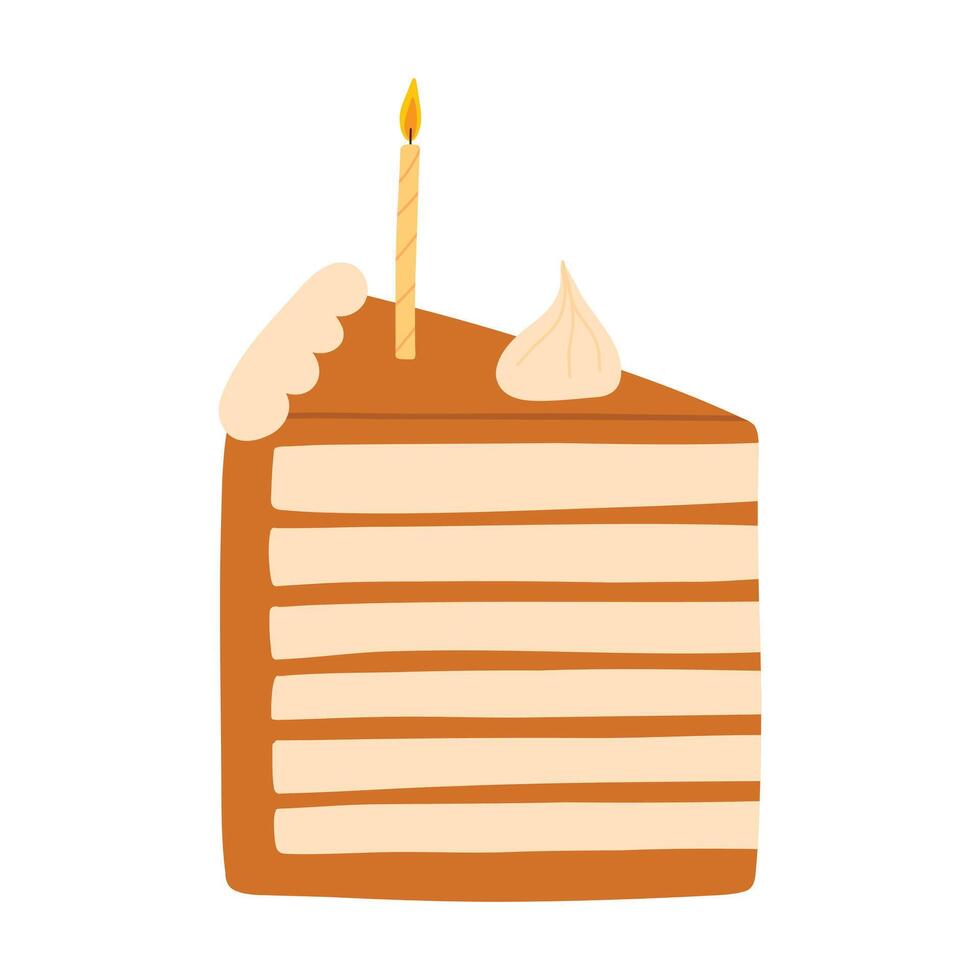 Piece of cake with candles isolated on white background. Hand drawn birthday cake. Vector illustration.