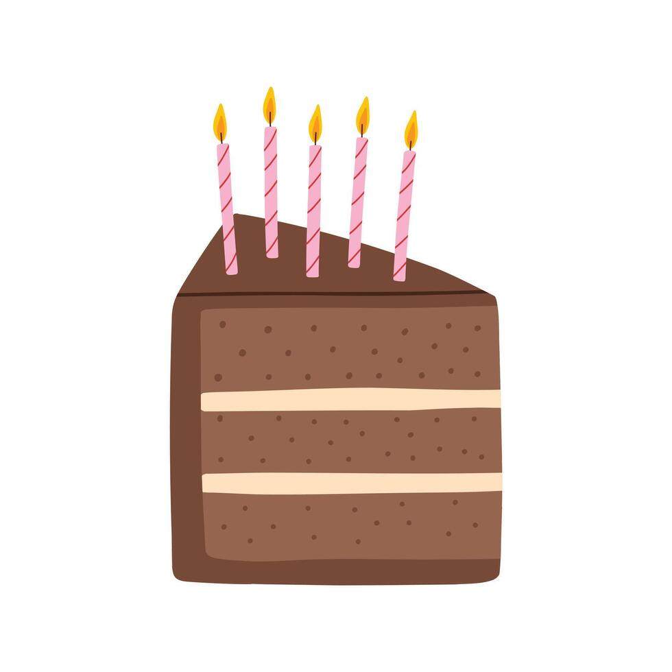 Piece of cake with candles isolated on white background. Hand drawn birthday cake. Vector illustration.