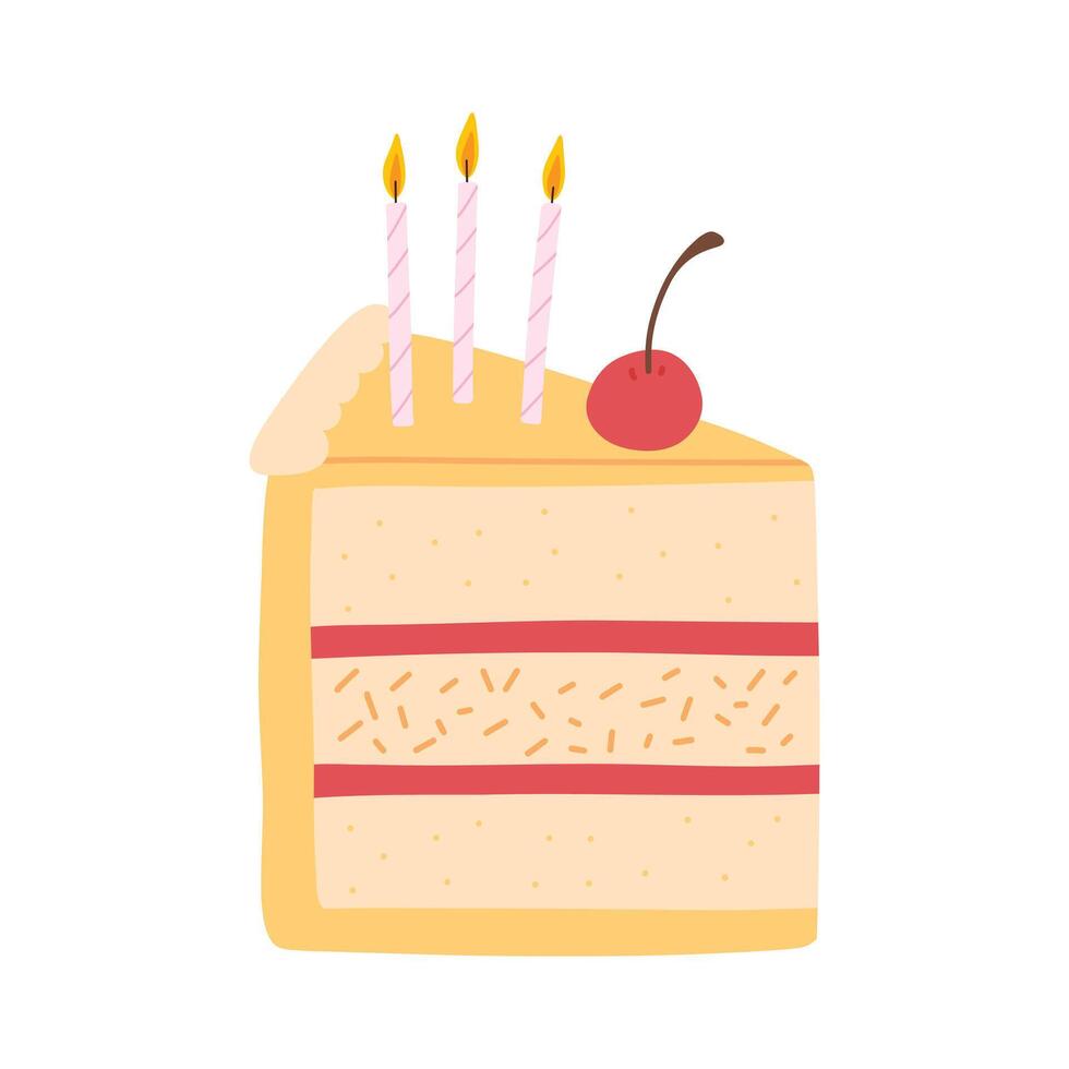Piece of cake with candles isolated on white background. Hand drawn birthday cake. Vector illustration.