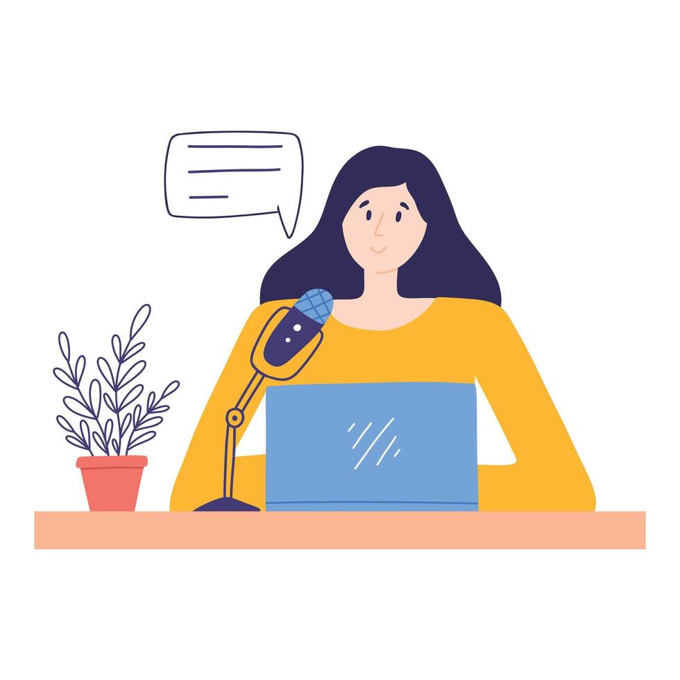 podcast concepto. un mujer es un podcaster o radio presentador. vector ilustración. un mujer se sienta a un ordenador portátil y micrófono.