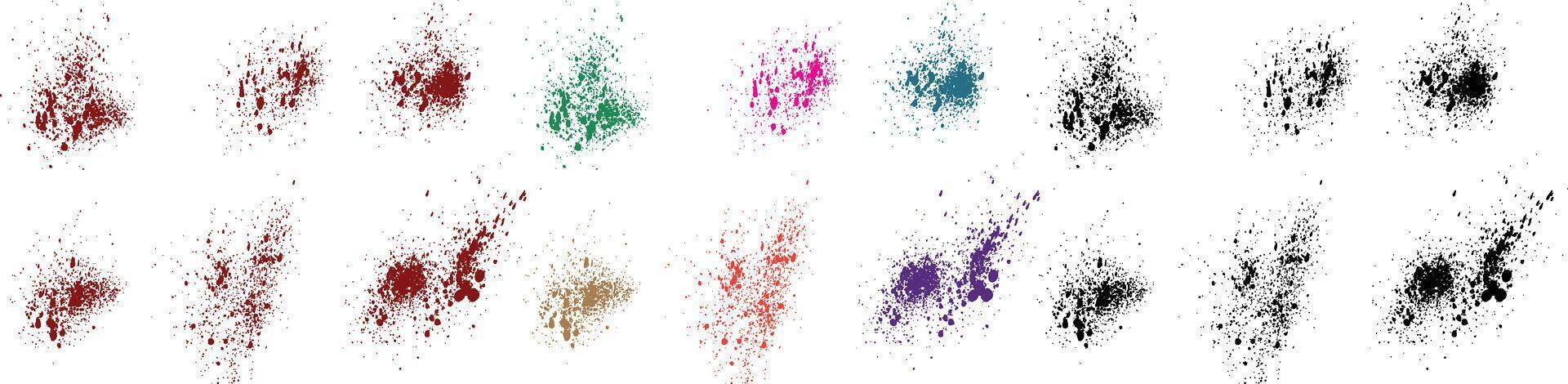 Set of bleed paint green, pink, purple, red, black, blue color grunge vector brush stroke splatter background