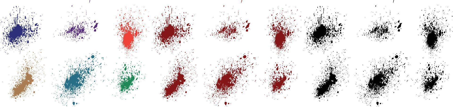 Crime blood splatter green, pink, purple, red, black, blue color painting vector grunge brush stroke spot illustration set