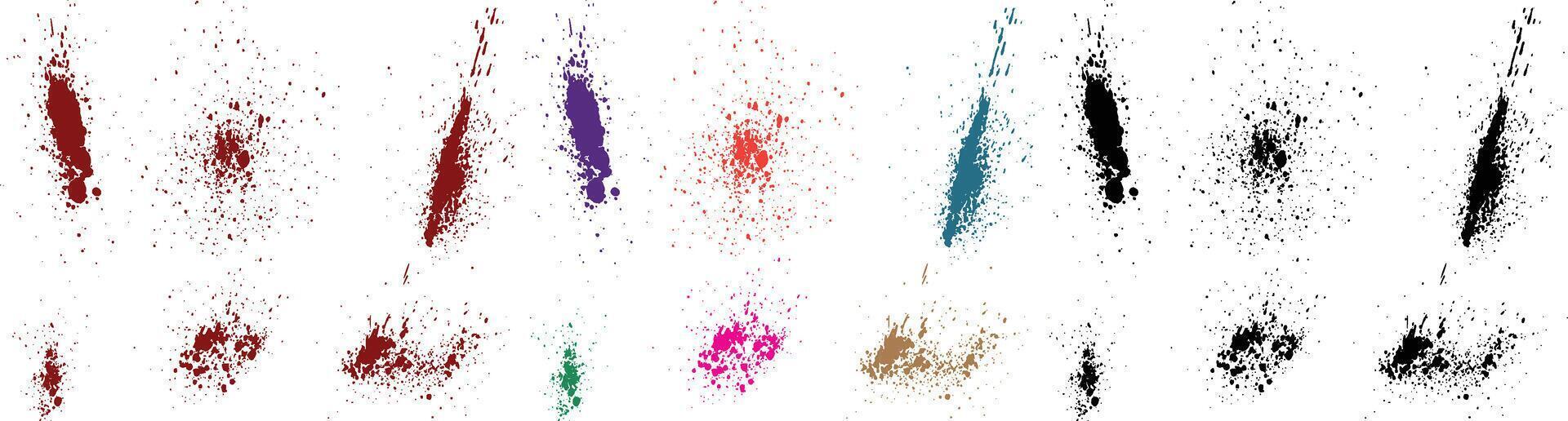 Ink creative paint brush stroke red, orange, green, purple, wheat, black color blood splatter vector set