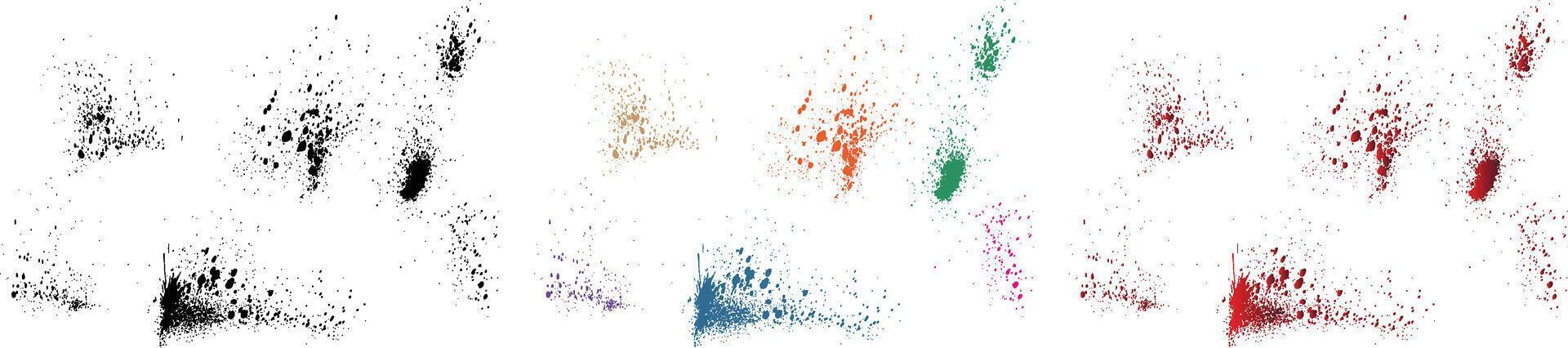 Set of orange, purple, red, wheat, black, green color grunge realistic bloody splatter isolated label brush stroke background vector