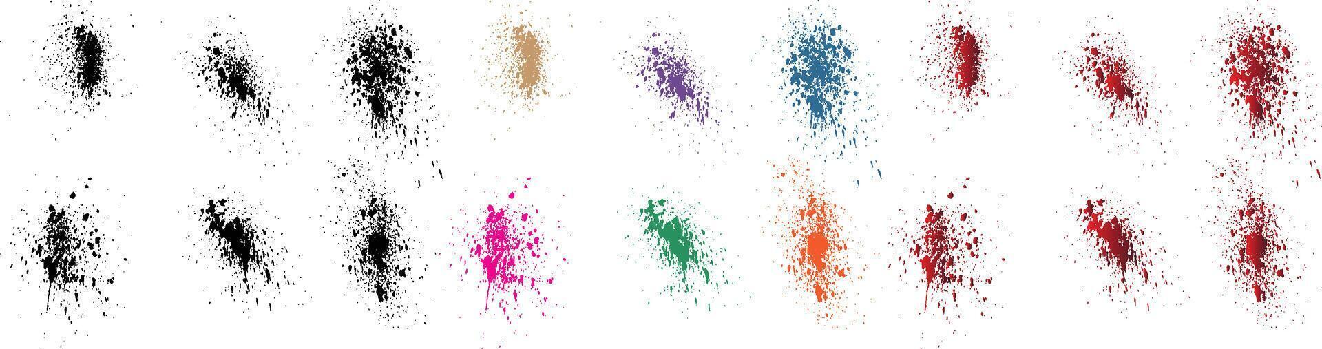 Paint realistic black, red, orange, purple, wheat, green color blood splatter brush stroke vector set