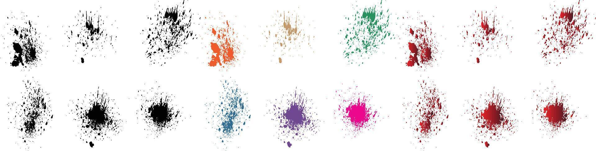 sucio artístico conjunto de sangre gotas y salpicar aislado negro, rojo, naranja, púrpura, trigo, verde color cepillo carrera diseño elemento antecedentes vector